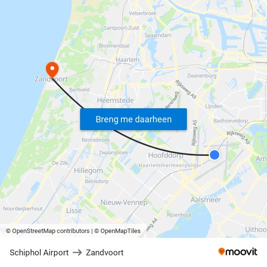 Schiphol Airport to Zandvoort map