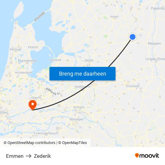 Emmen to Zederik map
