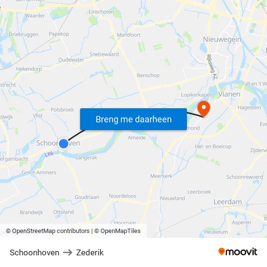 Schoonhoven to Zederik map