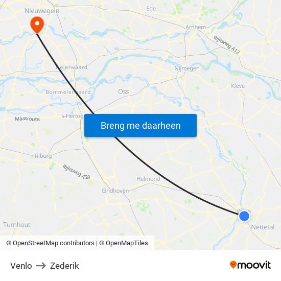 Venlo to Zederik map