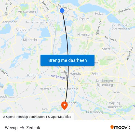 Weesp to Zederik map