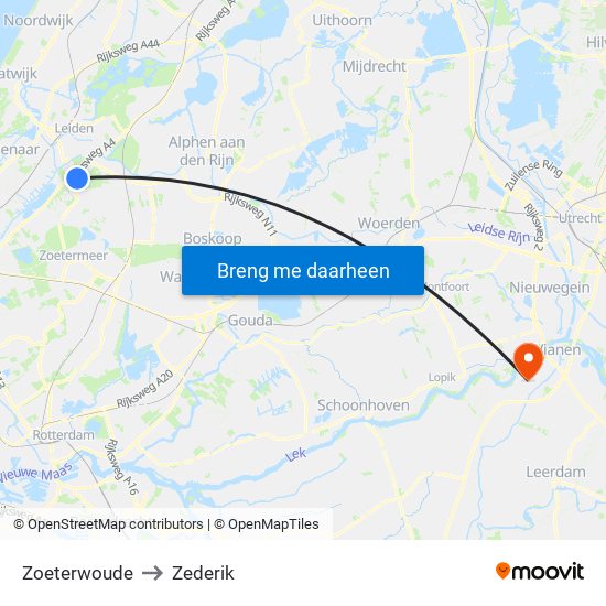 Zoeterwoude to Zederik map