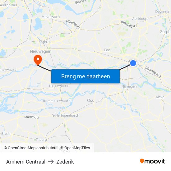 Arnhem Centraal to Zederik map