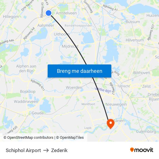 Schiphol Airport to Zederik map