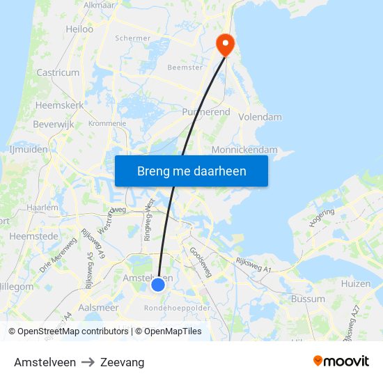 Amstelveen to Zeevang map