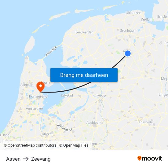 Assen to Zeevang map
