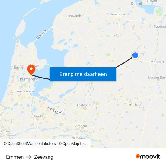Emmen to Zeevang map
