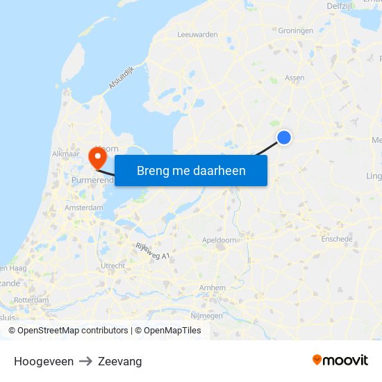 Hoogeveen to Zeevang map