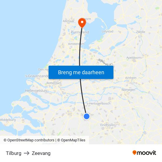 Tilburg to Zeevang map