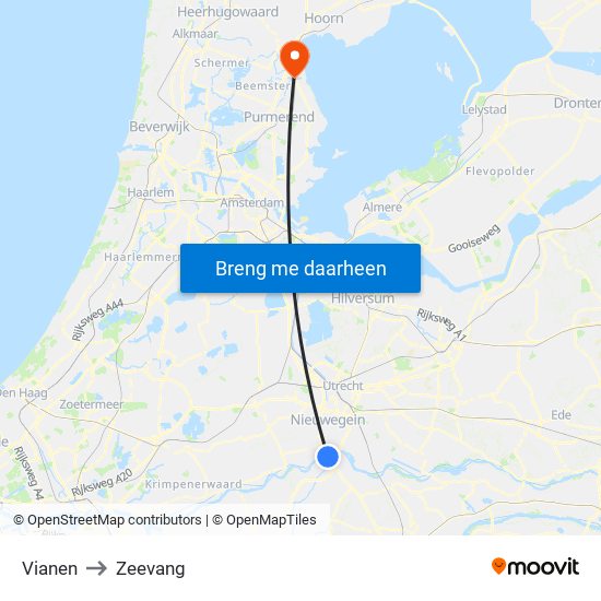 Vianen to Zeevang map