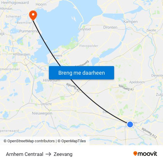 Arnhem Centraal to Zeevang map