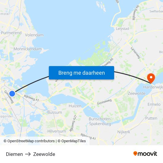 Diemen to Zeewolde map