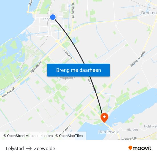 Lelystad to Zeewolde map