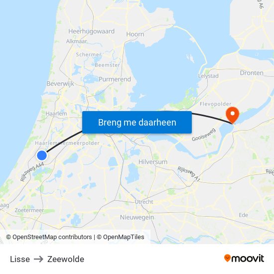 Lisse to Zeewolde map