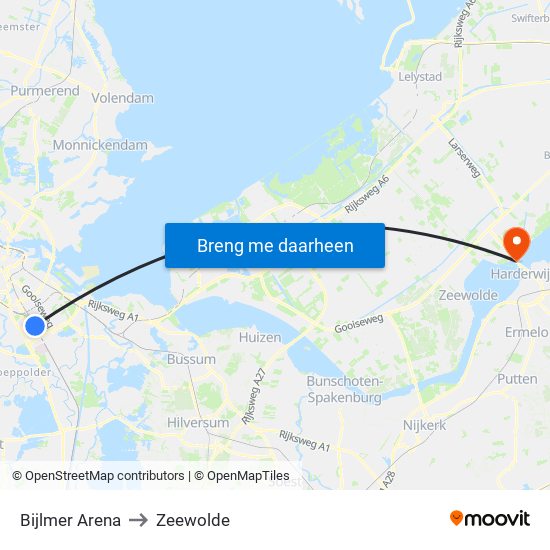 Bijlmer Arena to Zeewolde map