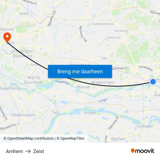 Arnhem to Zeist map