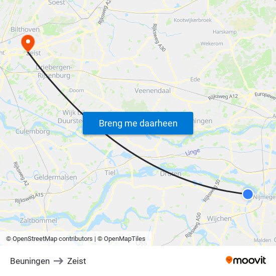 Beuningen to Zeist map