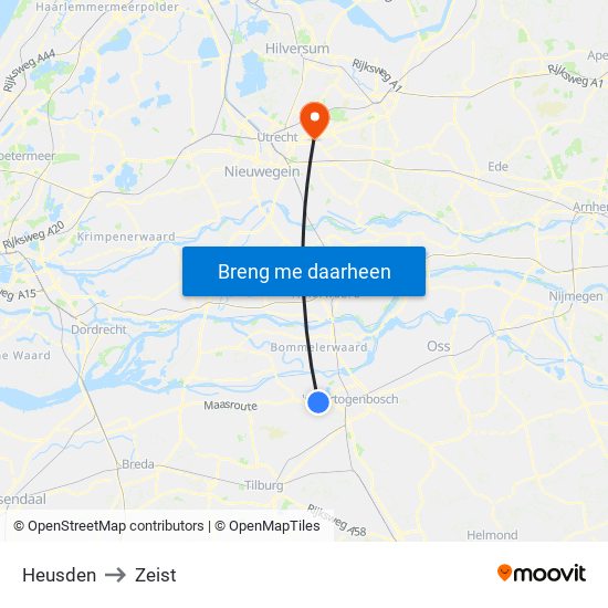 Heusden to Zeist map