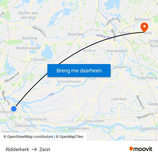 Ridderkerk to Zeist map