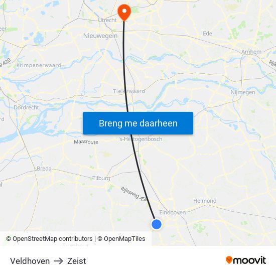 Veldhoven to Zeist map