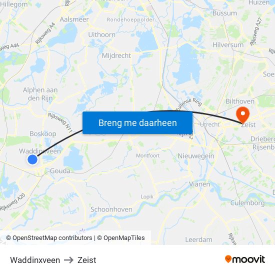 Waddinxveen to Zeist map