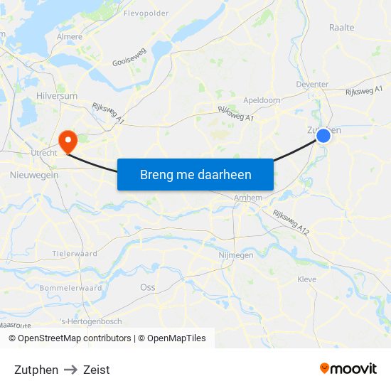 Zutphen to Zeist map