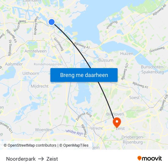 Noorderpark to Zeist map