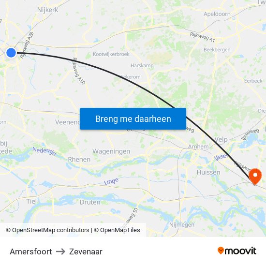 Amersfoort to Zevenaar map