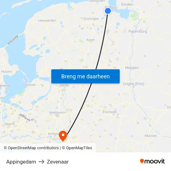 Appingedam to Zevenaar map