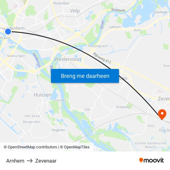 Arnhem to Zevenaar map