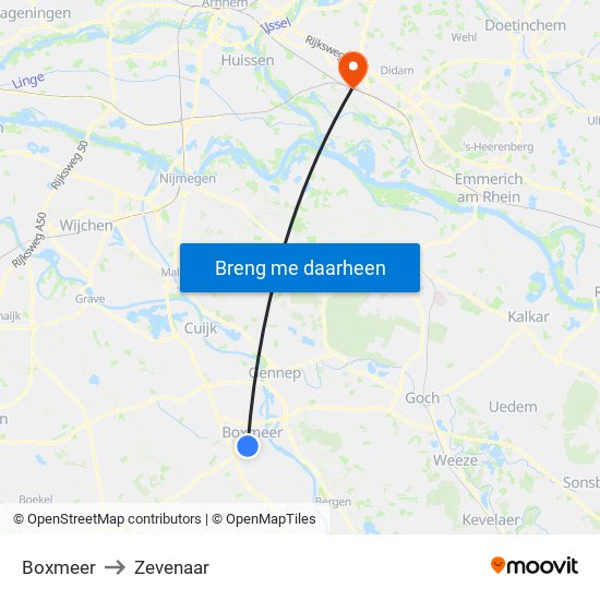 Boxmeer to Zevenaar map