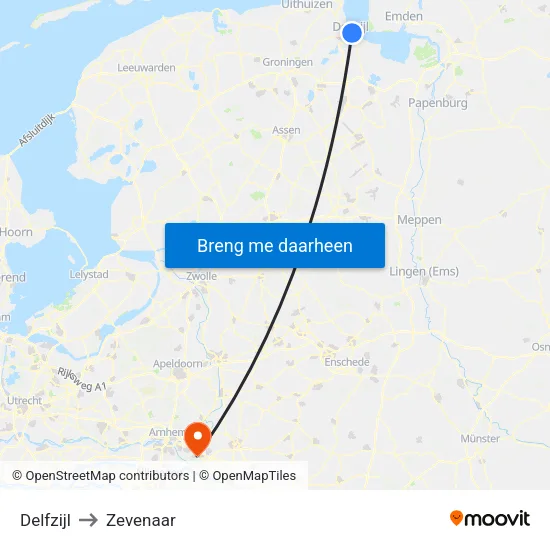 Delfzijl to Zevenaar map