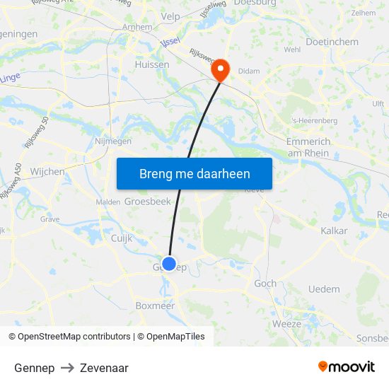 Gennep to Zevenaar map