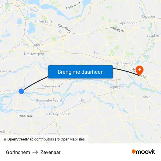 Gorinchem to Zevenaar map