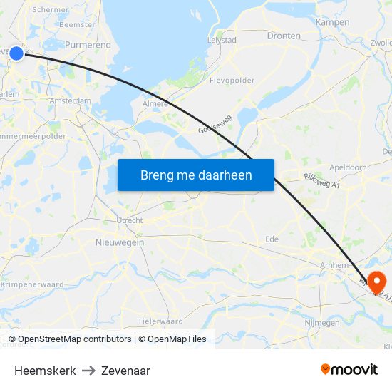 Heemskerk to Zevenaar map