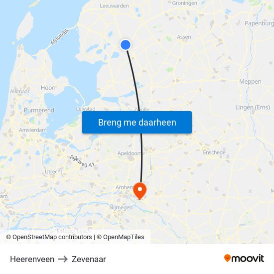 Heerenveen to Zevenaar map