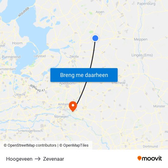 Hoogeveen to Zevenaar map