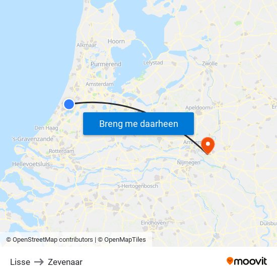 Lisse to Zevenaar map