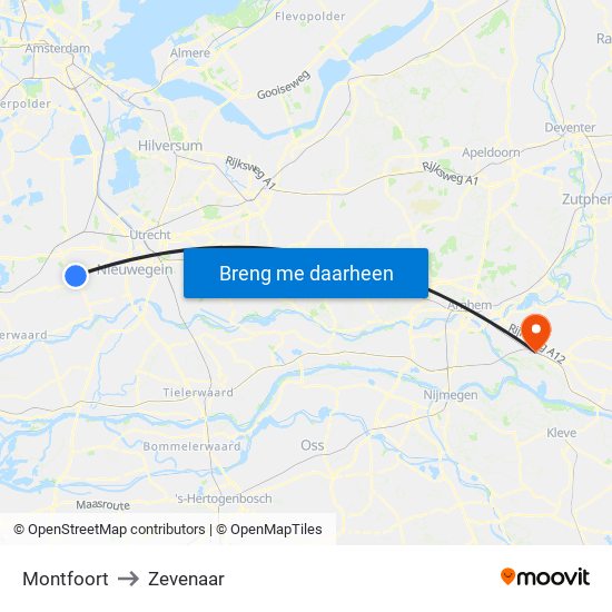 Montfoort to Zevenaar map
