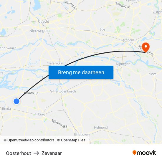 Oosterhout to Zevenaar map