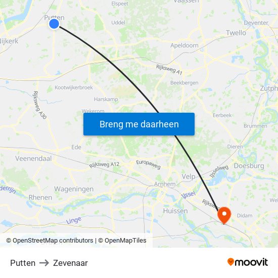 Putten to Zevenaar map