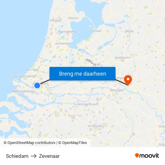 Schiedam to Zevenaar map