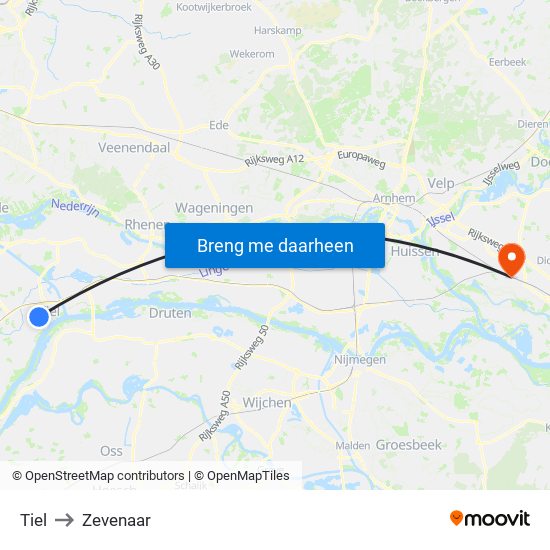 Tiel to Zevenaar map