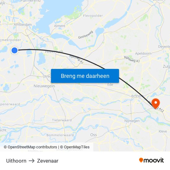 Uithoorn to Zevenaar map