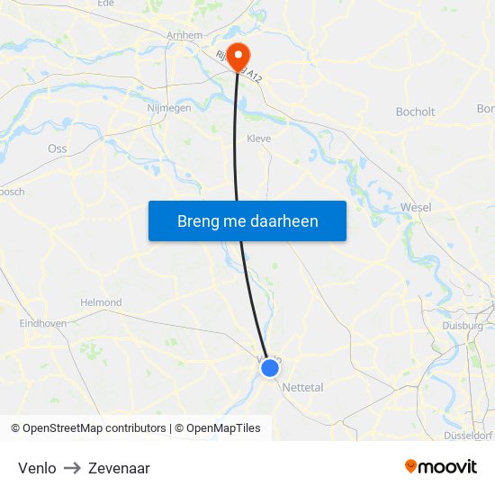 Venlo to Zevenaar map