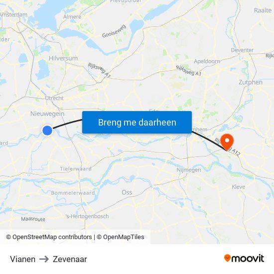 Vianen to Zevenaar map