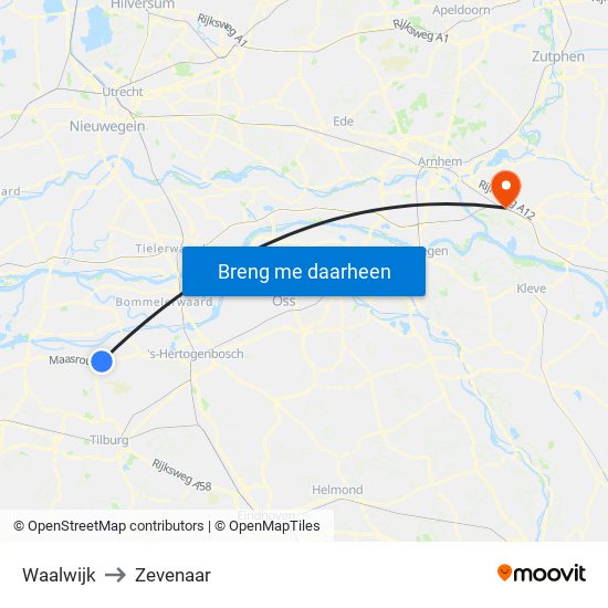 Waalwijk to Zevenaar map