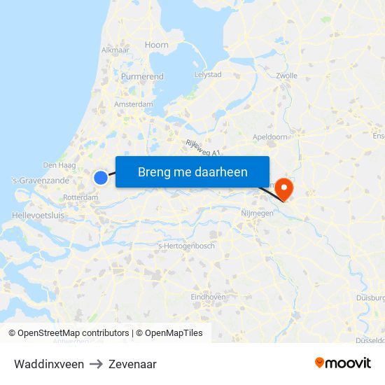 Waddinxveen to Zevenaar map