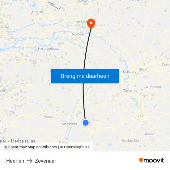 Heerlen to Zevenaar map