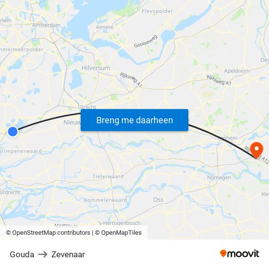 Gouda to Zevenaar map